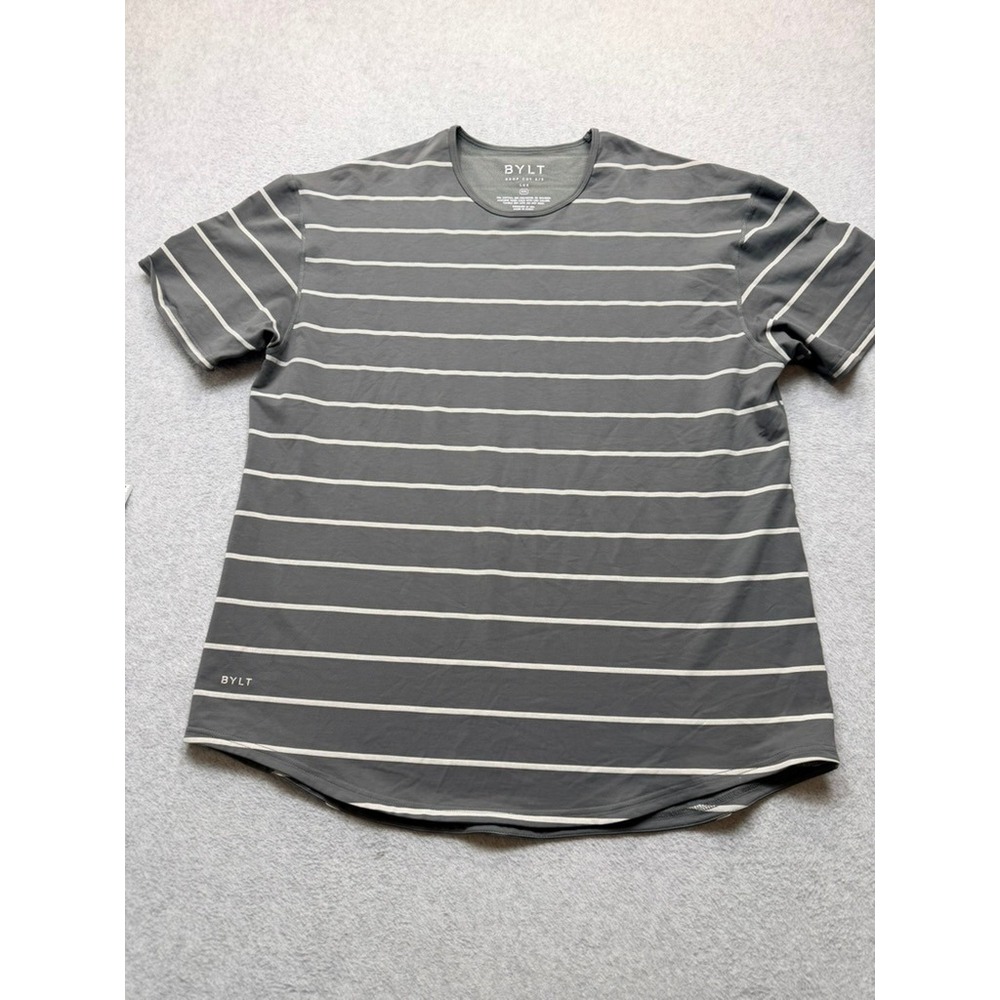 BYLT Basics Drop Cut Lux T-Shirt Grey White Striped Short Sleeve Crew Neck XXL